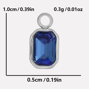 Detailed view of blue rectangle crystal pendant in 304 stainless steel base with dimensions
