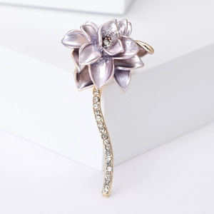 Elegant vintage 3D purple lotus brooch with sparkling rhinestones and gold plating