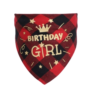 Detail of red and black buffalo plaid dog birthday bandana with golden Birthday Girl text
