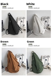 Detailed color display of minimalist canvas sling bags in black, white, brown and green