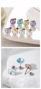Macro view showing multiple colors of square crystal earrings with screw flat back design