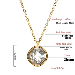 Detail of 18K gold-plated stainless steel necklace with 12mm square zircon pendant