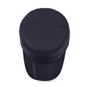 Quilted navy blue flat top baseball cap with ear flaps and fleece lining for men
