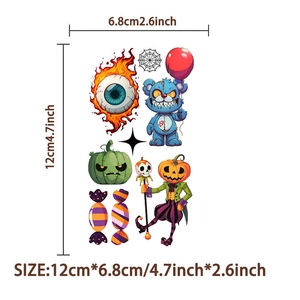 Detailed size chart for Halloween temporary tattoos featuring zombie bear and pumpkin motifs