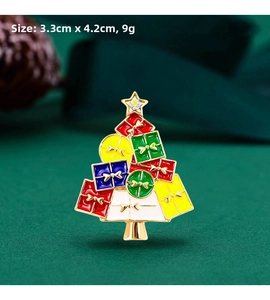 Detailed view of 3.3x4.2cm colorful Christmas tree brooch with golden star topper
