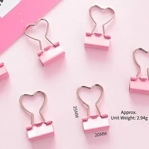 Pink heart-shaped hollow binder clips for stationery, 35x20mm metal paper clamps