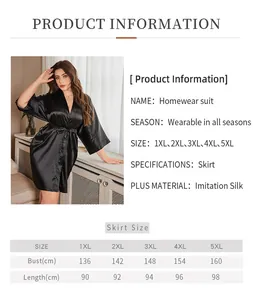 Size chart for black plus size silk satin bathrobe showing 1XL to 5XL measurements