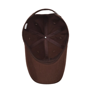 Interior view of a dark brown cotton baseball cap with reinforced seams and metal buckle