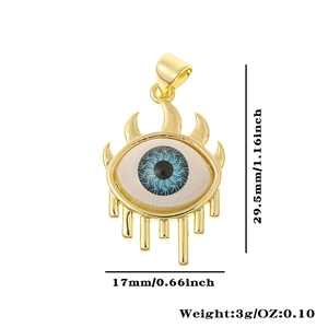 Detailed dimensions of gold evil eye pendant with blue zircon 29.5mm height and 3g weight