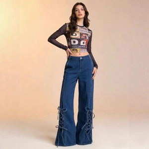 Jeans vintage da donna a gamba larga con lacci regolabili e design a vita alta