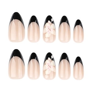 French tip black press on nails with 3D pink cherry blossom design long almond shape