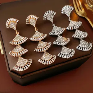 Fan Shaped Long Dangle Alloy Rhinestone Earrings With Silver Earring Post Elegant Party Luxury Jewelry For Women