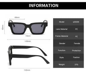 Detailed size chart showing dimensions and specifications for square frame sunglasses