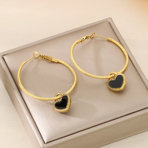 Stainless Steel Heart Pendant Hoop Earrings For Women Twisted Rope Texture Enamel Drip Oil Gold Color Fashion Jewelry