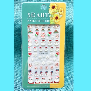 Detailed 5D Christmas nail stickers with embossed Santa Claus, reindeer and snowman motifs