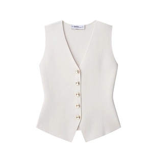 Women's cream white V-neck knitted vest top with golden buttons in flat lay view