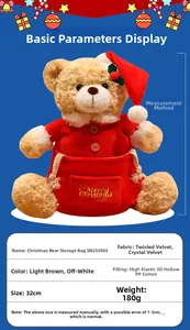 Detail of Christmas bear plush storage bag with Merry Christmas embroidery and red hat