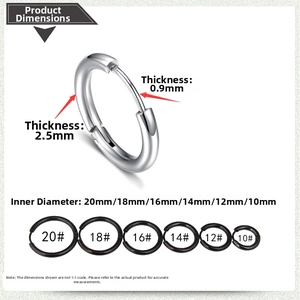 Detailed size chart for stainless steel hoop earrings from 10mm to 20mm diameter