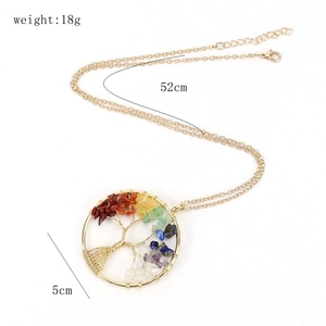 Detail view showing a 52cm Tree of Life necklace with colorful crystal chips and size specs