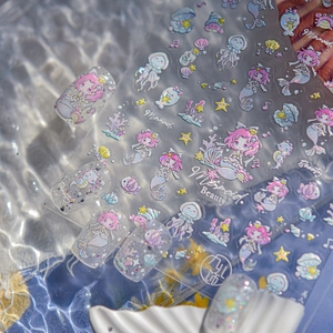 Detailed holographic mermaid nail stickers with iridescent shell and starfish ocean patterns