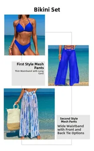 Detailed comparison of blue bikini with two styles of mesh cover-up beach pants