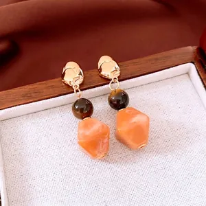 Geometric Dangle Earrings Irregular Tiger's Eye Stone Resin Beaded Alloy With 925 Sterling Silver Earring Post