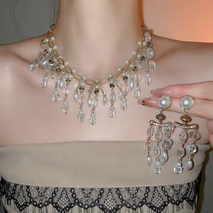Vintage Palace Style Jewelry Artificial Pearl Crystal Tassel Necklace And Earrings With 925 Sterling Silver Earring Post Alloy Gold Tone