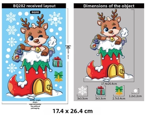 Detailed size parameters for Christmas reindeer and stocking static wall stickers