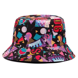 Summer street style bucket hat with vibrant 90s retro graffiti and disco pattern