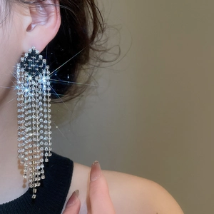 Macro view of long silver tassel earrings with black and white rhinestones on model
