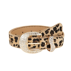 Vintage leopard print belt with rhinestone buckle and metallic stud detailing for women