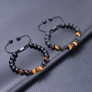 Lava stone and tiger eye beaded bracelet set with micro-inlaid zircon on black leather
