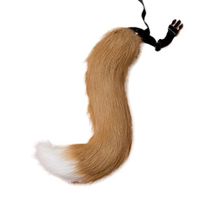 Detailed view of plush faux fur fox tail in brown and white with adjustable waist strap