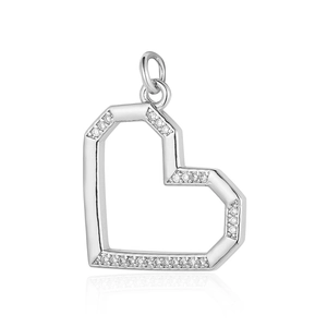 Close-up of silver heart pendant with geometric hollow design and clear zircon stones