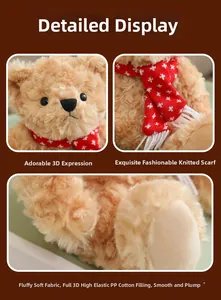 Close-up of teddy bear with knitted scarf, soft plush texture and high-elastic PP cotton padding
