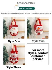 Detailed view of three festive knit Christmas gift bags with 3D Santa, Snowman, and Reindeer