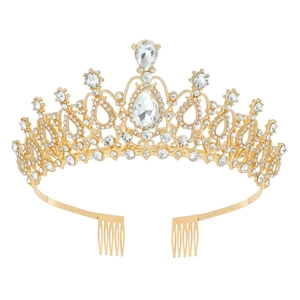 Elegant gold crystal bridal crown with sparkling rhinestones and secure side hair combs