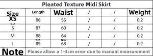 Tableau détaillé des tailles pour jupe midi texturée avec mesures de taille et longueur