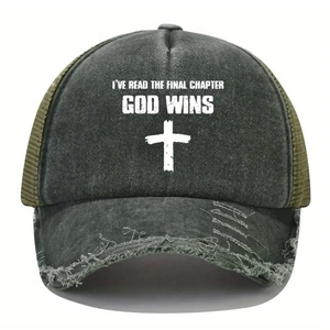 Distressed baseball cap with GOD WINS print and olive green mesh back panel