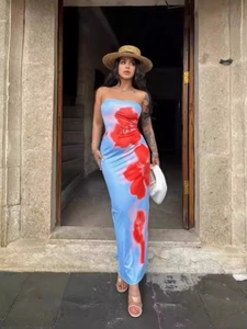 Vestito Maxi Sexy Stampa Floreale Senza Spalline Vestibilità Aderente Spacco Posteriore Bodycon Poliestere Elastan Donna