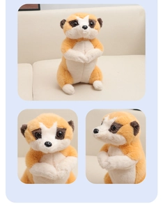Detailed views of a cute standing meerkat plush toy with soft orange and white faux fur