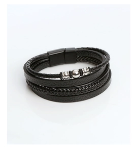Detail of multi-layer black braided leather bracelet with silver beads and magnetic clasp