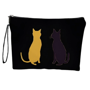 Black canvas makeup bag with artistic cat silhouettes print and portable zipper handle strap