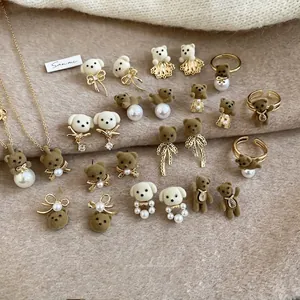 18K gold plated jewelry set with flocked bear, puppy charms and pearls for autumn and winter