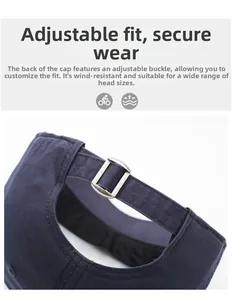 Detail of navy blue cotton baseball cap featuring adjustable metal buckle and stitching
