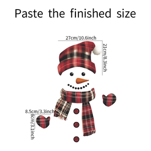 Detailed size specifications for Christmas snowman wall decal parts with red plaid patterns