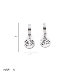 Detail view of silver stainless steel hoop earrings featuring Tree of Life charms with dimensions