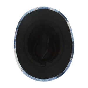 Vista dall'alto del cappello jazz per bambini con tesa stampa denim blu e fodera nera