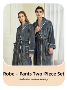 Peignoir épais gris foncé en flanelle avec pantalon et liseré blanc pour couples