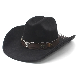 Chapeau de cowboy en daim noir classique avec bande en cuir brun et emblème de tête de taureau